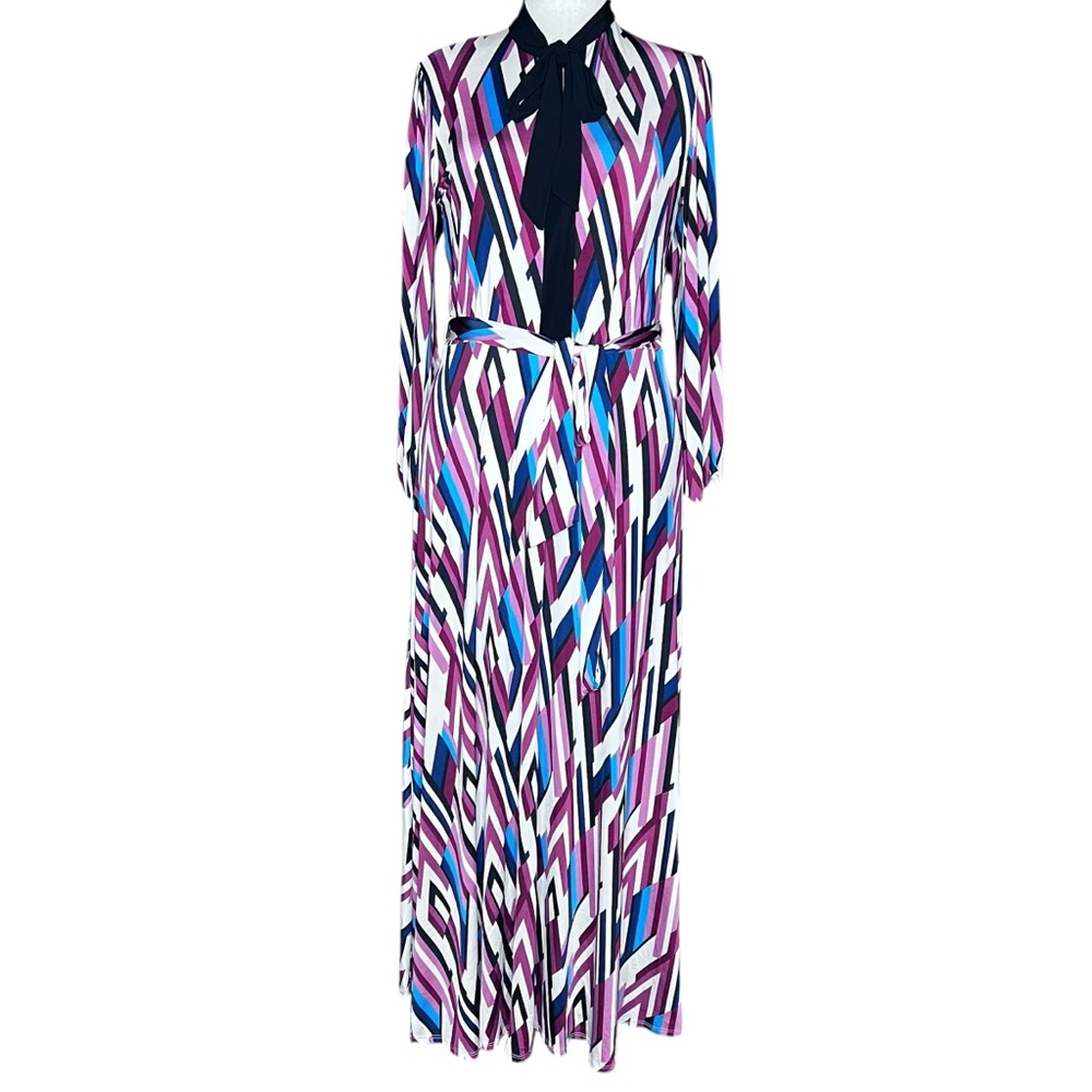 Maxi Blue/Burgundy Colorful Jersey Belted Modest Dress 
M/L
